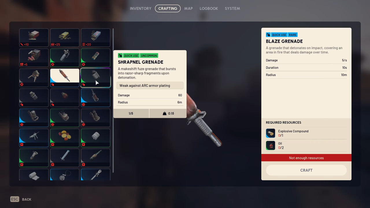 Screen Showing Items You Can Craft Topside with Nomadic Crafting