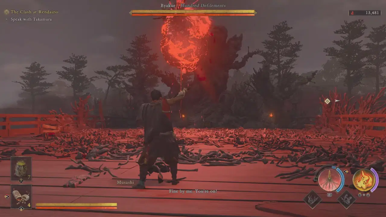 Onimusha WotS - Musashi aiming his bow at a rift during the Byakue boss fight.
