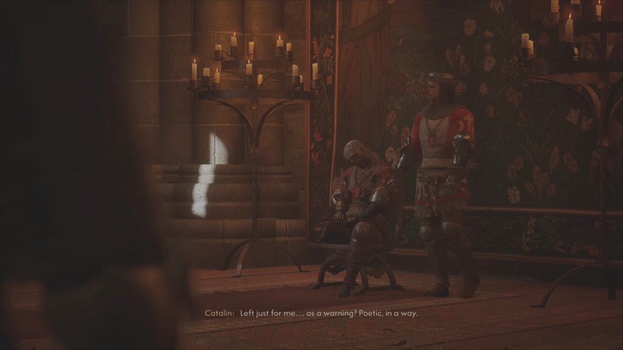 Catalin standing by his father corpse in the throne room in The Blood of Dawnwalker