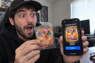 Excited trading card collector holding a Charizard V card in one hand and a smartphone displaying a rare card reveal in the other