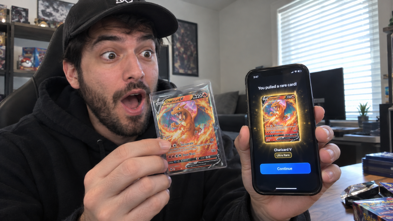 Excited trading card collector holding a Charizard V card in one hand and a smartphone displaying a rare card reveal in the other