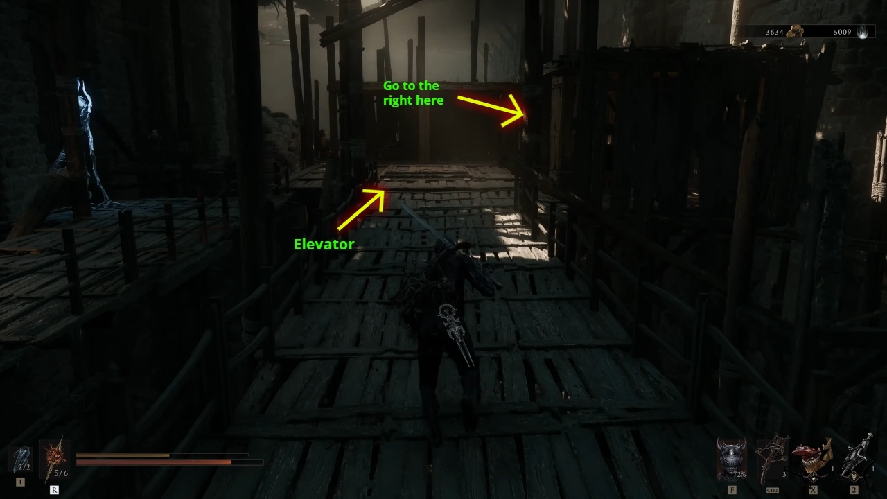 Elevator and right wooden walkway leading to the upper dungeon part