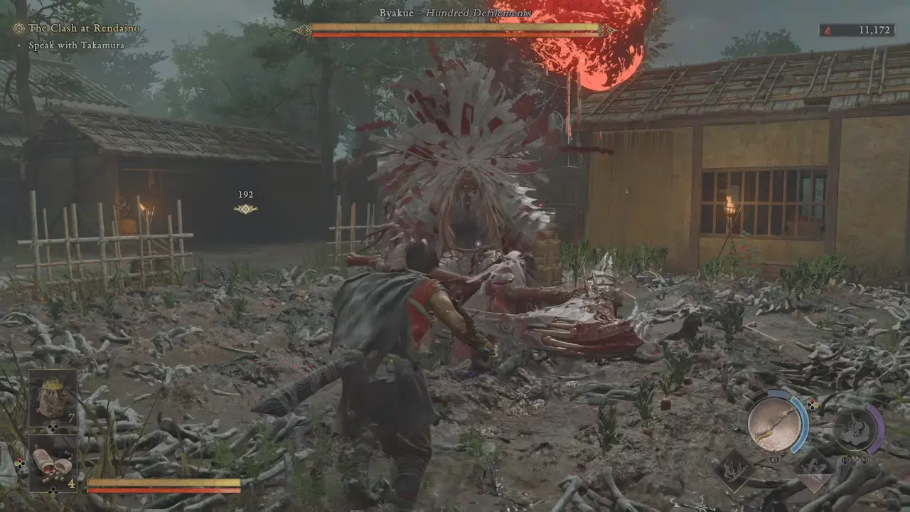 Musashi fighting Byakue: Hundred Defilements in front of a Genma Rift.