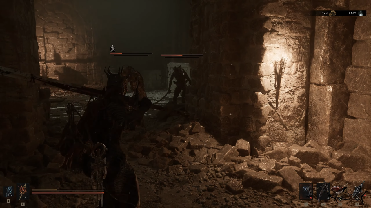 First room with two enemies and explosive barrels - Mortal Shell 2 The King's Crypt