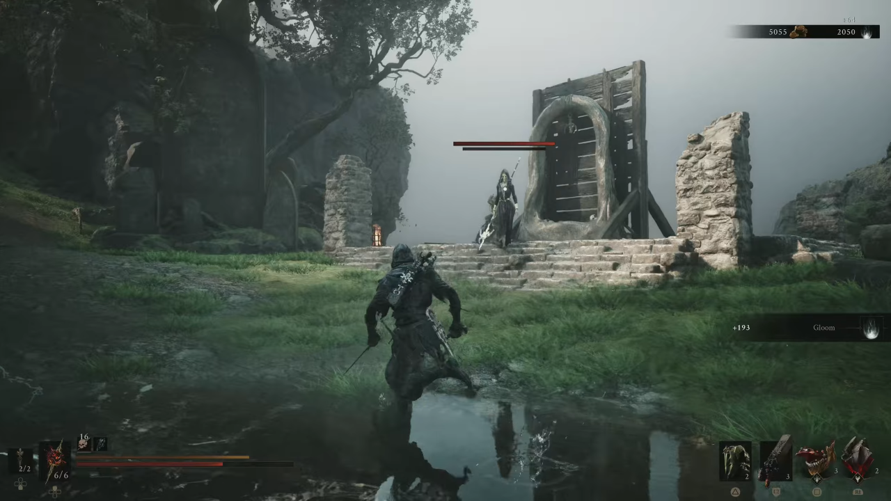 Flooded village dungeon entrance area with a sunken shed structure
