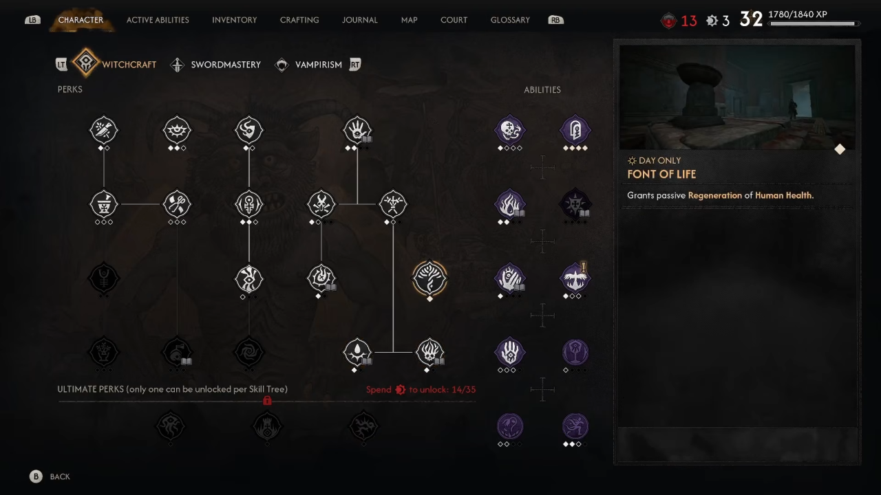 Font of Life perk in The Blood of Dawnwalker