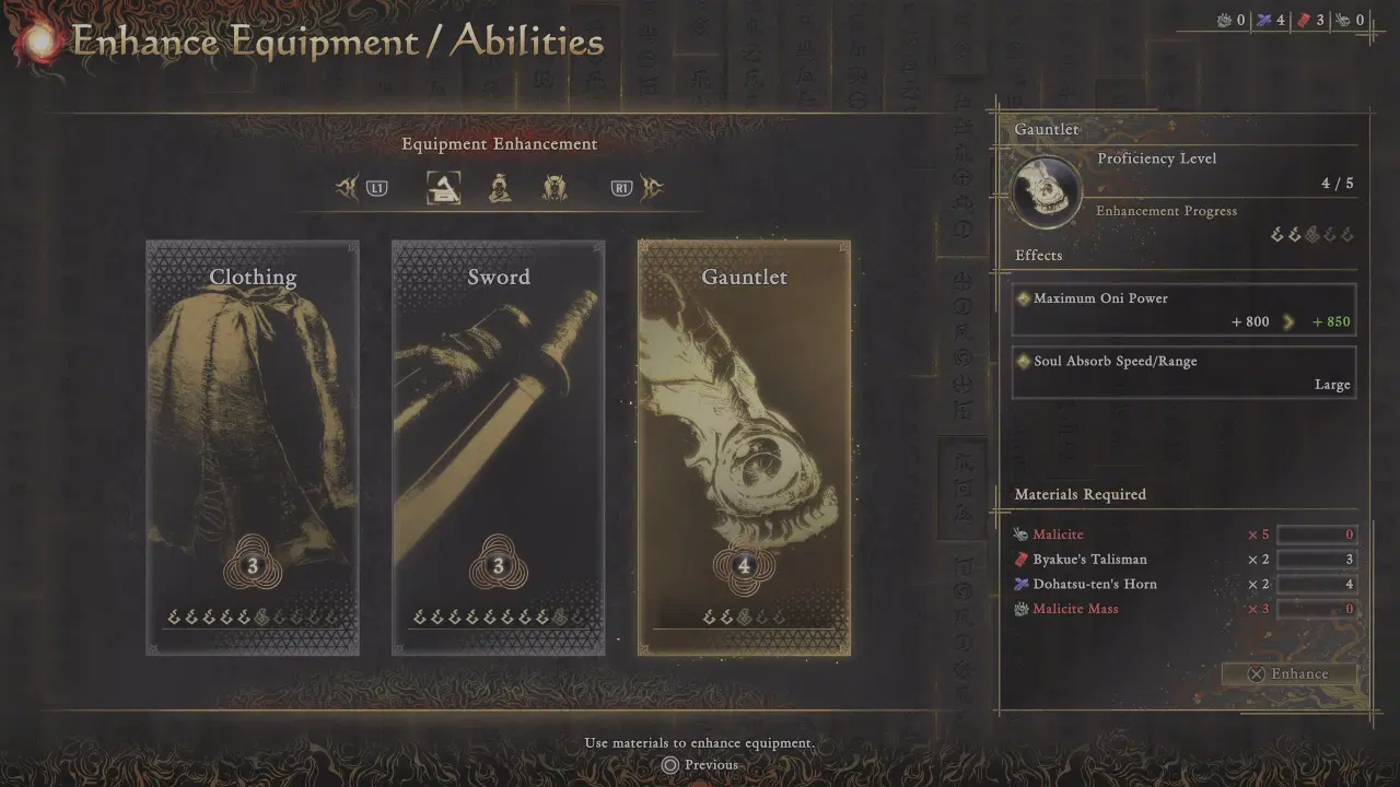 Equipment enhancement menu showing Malicite Mass requirements for the Oni Gauntlet upgrade.
