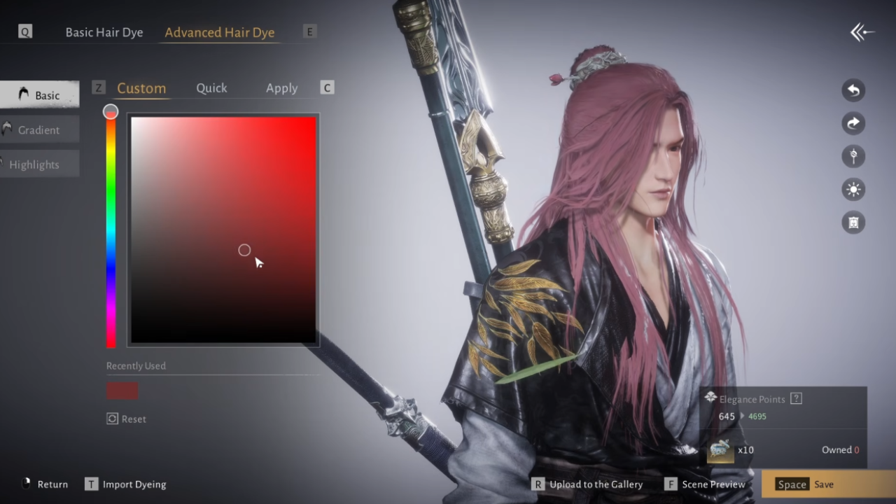Menu screen to dye hair in Where Winds Meet