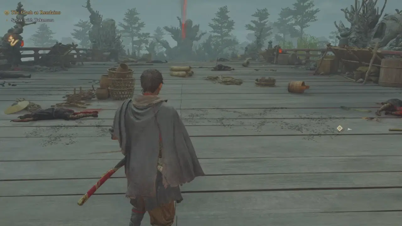 Musashi standing on a bridge looking toward a Genma Rift.