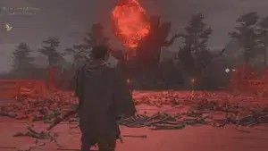 Onimusha Way of the Sword - Musashi standing before a hovering Genma Rift in an area littered with bones.