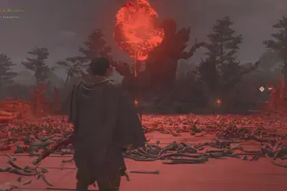 Onimusha Way of the Sword - Musashi standing before a hovering Genma Rift in an area littered with bones.