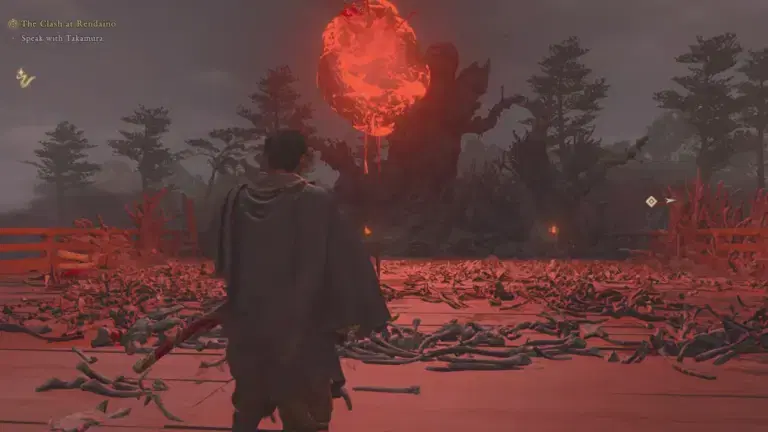 Onimusha Way of the Sword - Musashi standing before a hovering Genma Rift in an area littered with bones.