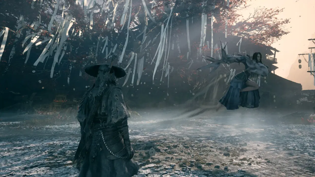 Soul facing off against a floating boss near a ribbon-covered tree
