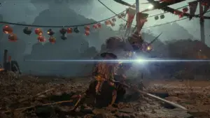 Soul executing a bright lens flare parry against an enemy under hanging lanterns
