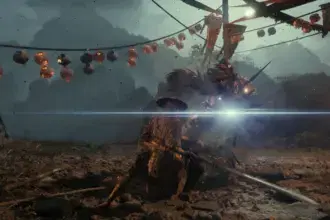 Soul executing a bright lens flare parry against an enemy under hanging lanterns
