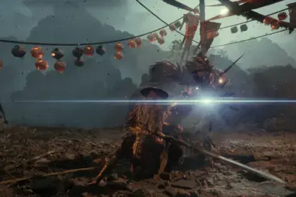 Soul executing a bright lens flare parry against an enemy under hanging lanterns