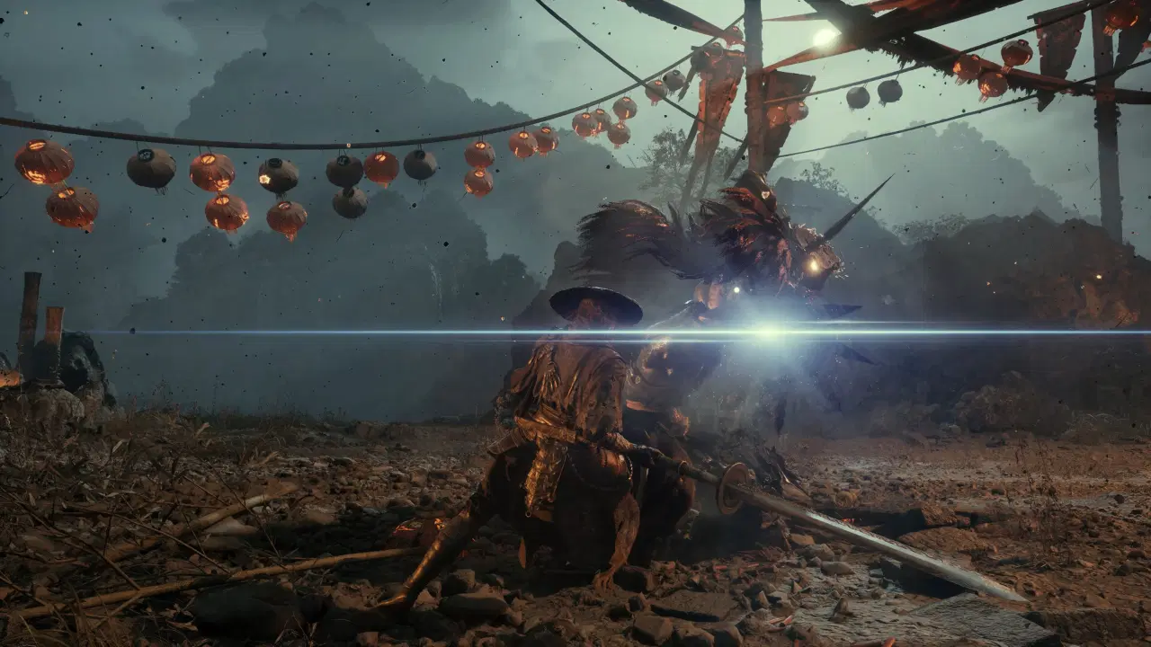 Soul executing a bright lens flare parry against an enemy under hanging lanterns