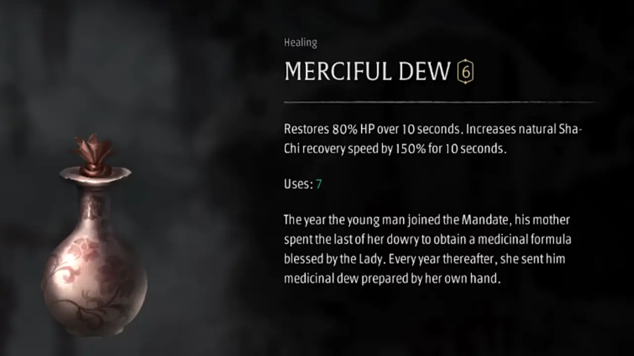 Phantom Blade Zero Merciful Dew info screen