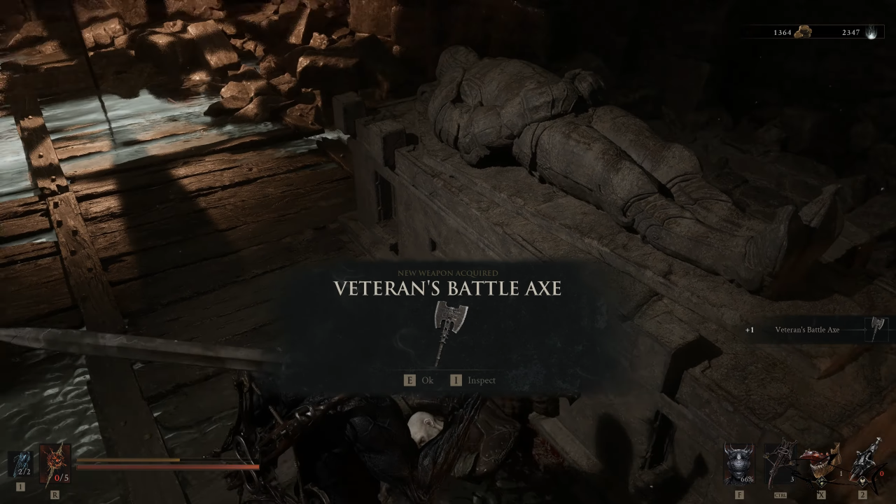 Picked the Veteran's Battle Axe weapon from the body in The King's Crypt