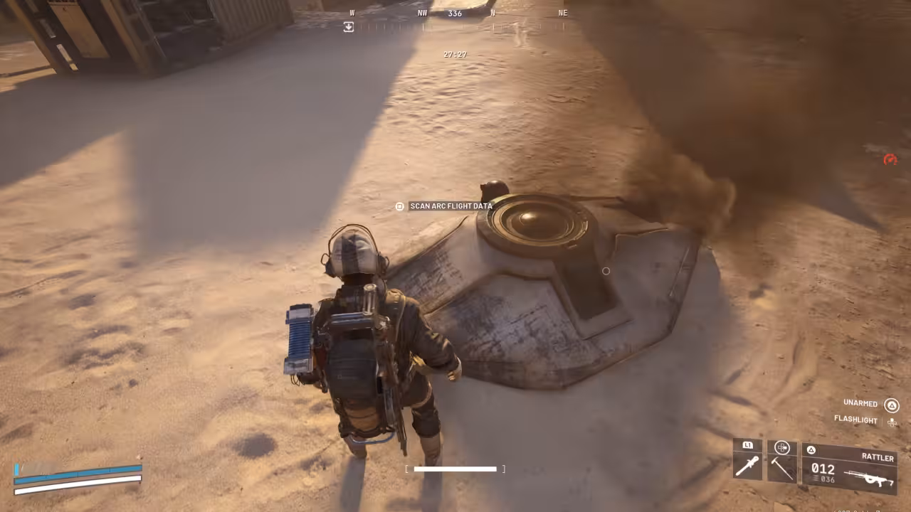 Player standing in front of an ARC courier in ARC Raiders
