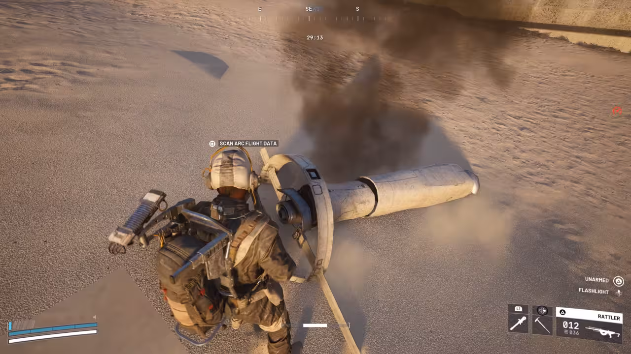 Player standing in front of an ARC probe in ARC Raiders