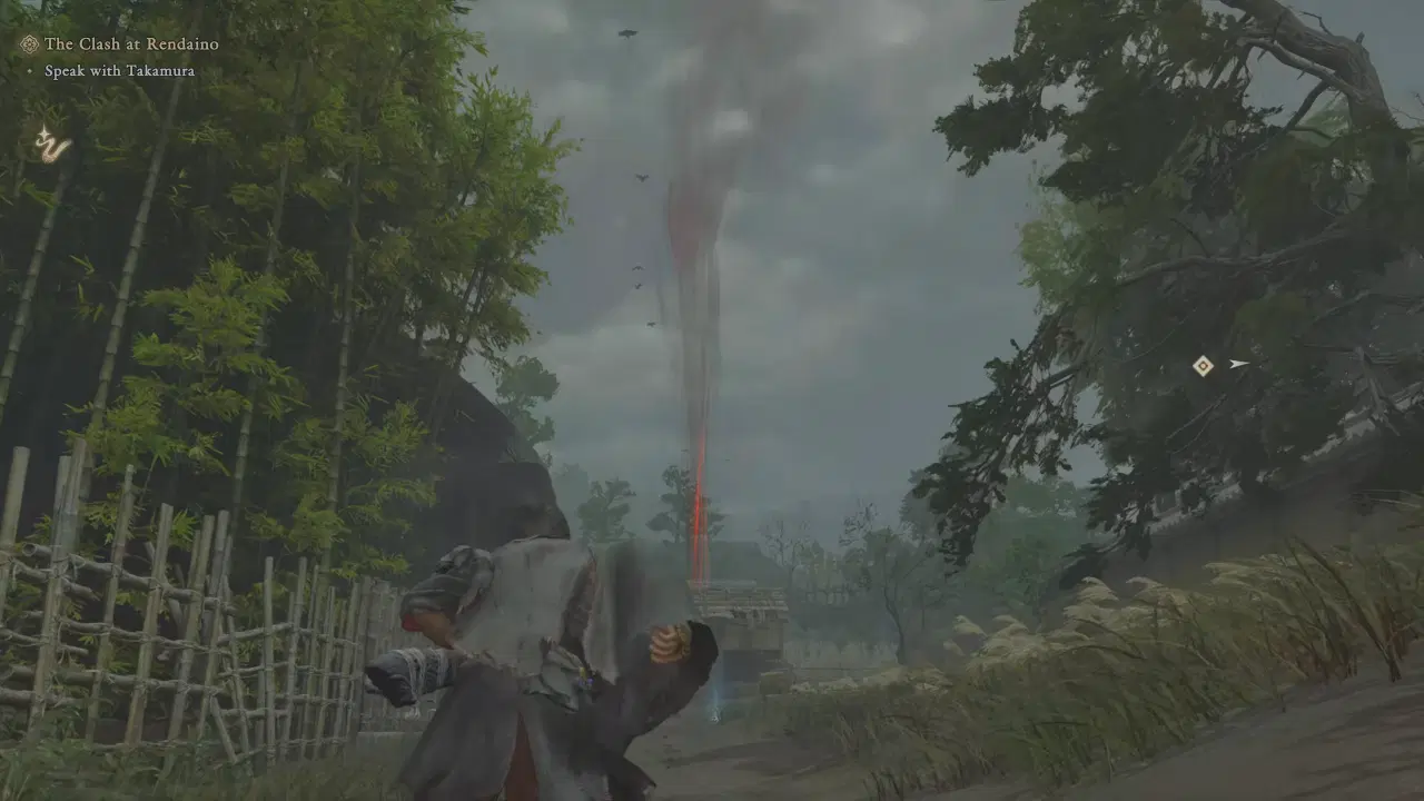 Musashi running toward a rising reddish-black smoke plume marking a respawned Genma Rift.