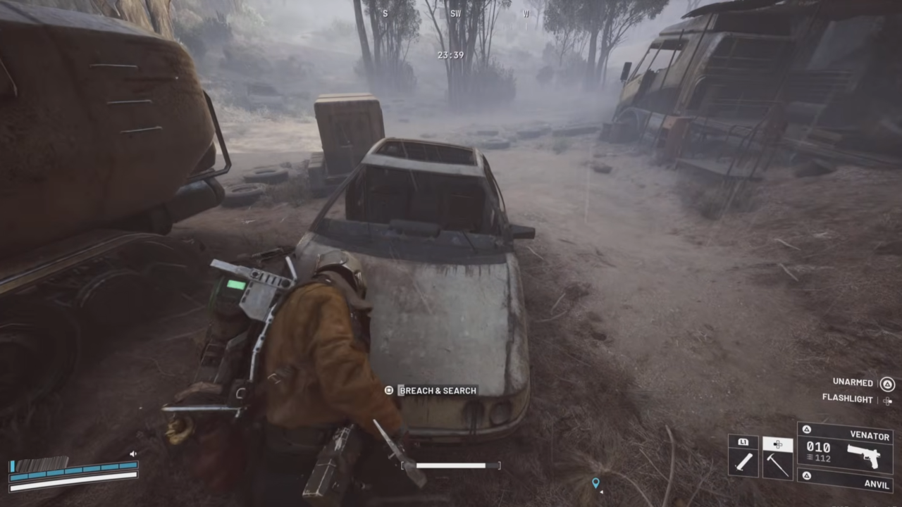 A player searching under the hood of a car for Industrial Batteries in ARC Raiders