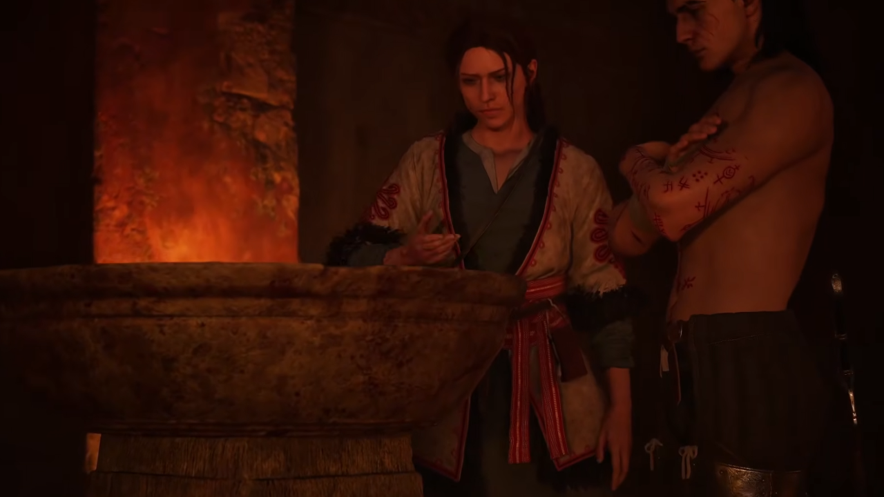 Coen and Anca standing before the Font of Life in The Blood of Dawnwalker