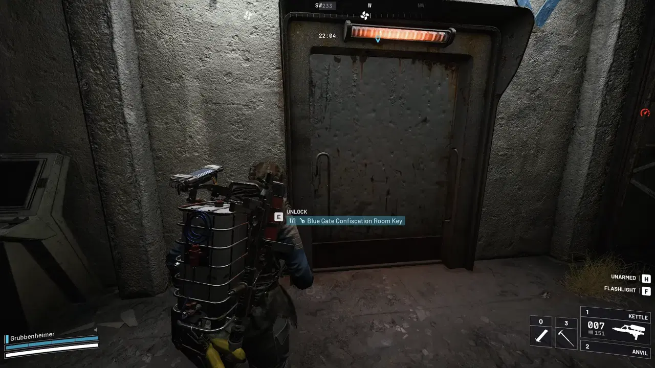 Player unlocking door with Blue Gate Confiscation Room Key