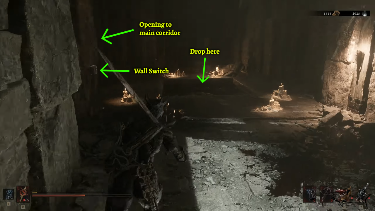Wall switch, opening to main hallway and ground opening marked in the corridor