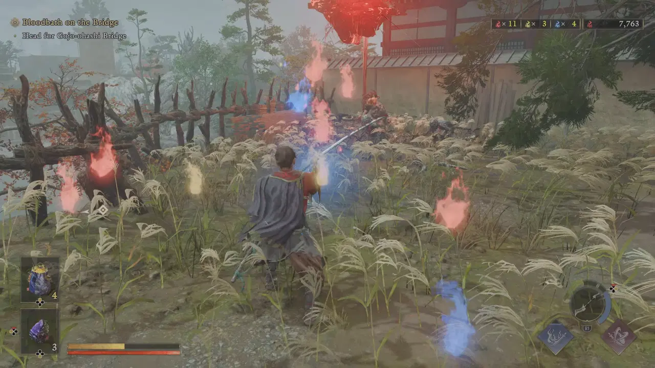 Musashi battling Genma enemies beneath a red rift in a tall grass field.
