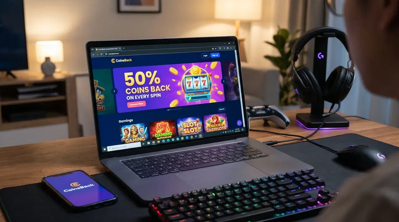 CoinsBack sweepstakes casino review shown on laptop and smartphone